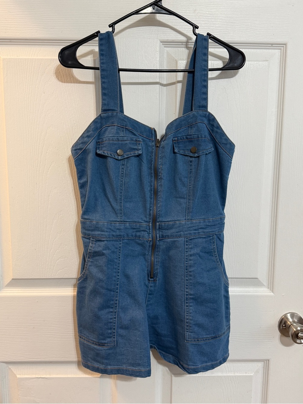 Girls' Denim Blue Short Romper with Front Zip